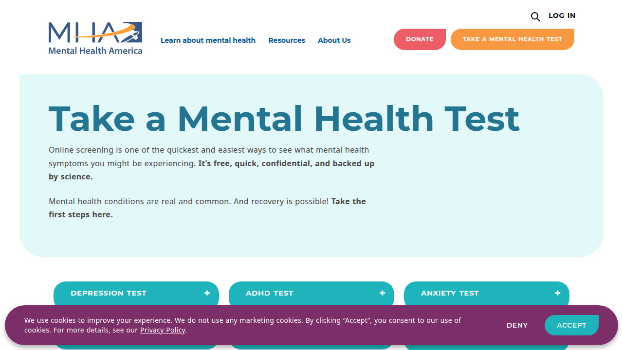 Screenshot of Mental Health America's online screening portal, where users can choose a mental health screen.