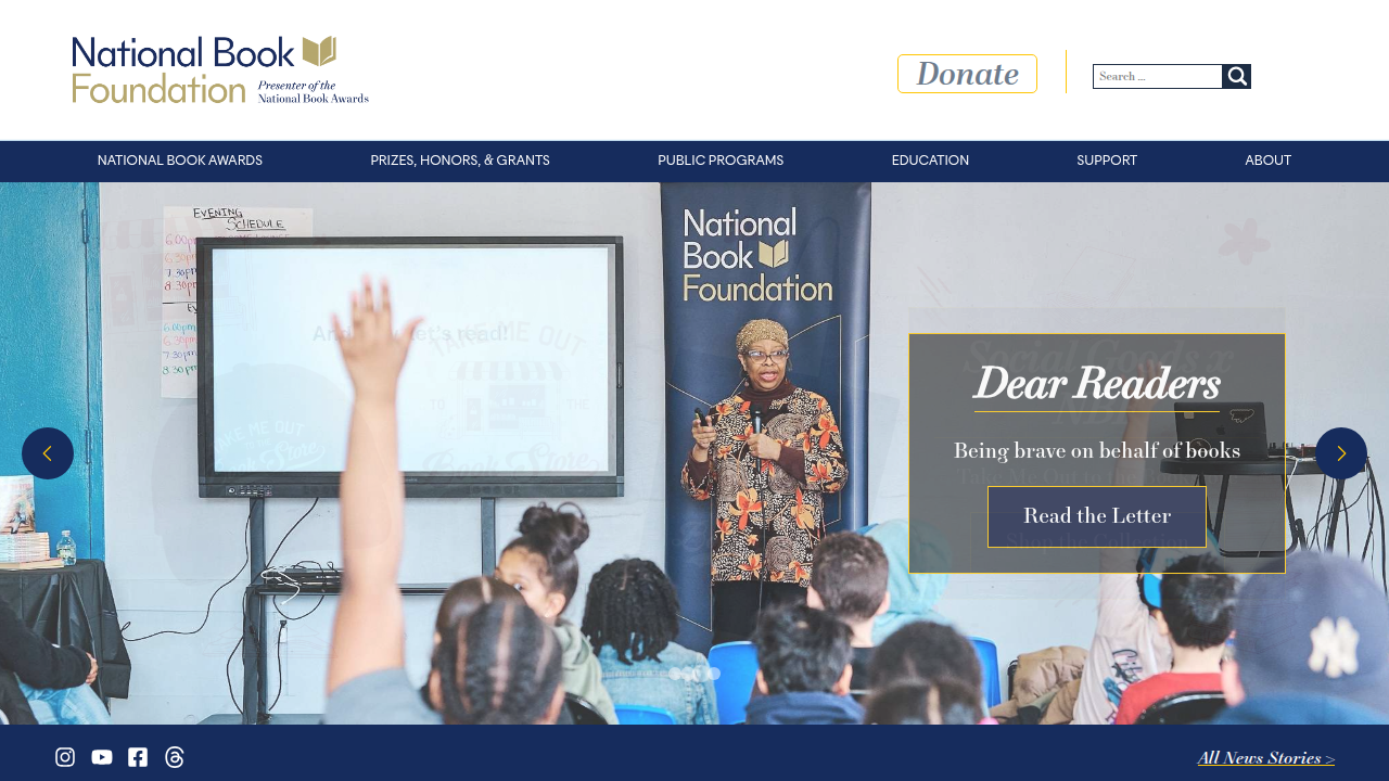 The National Book Foundation's website, showcasing its initiatives and programs that highlight the intersection of science and literature.