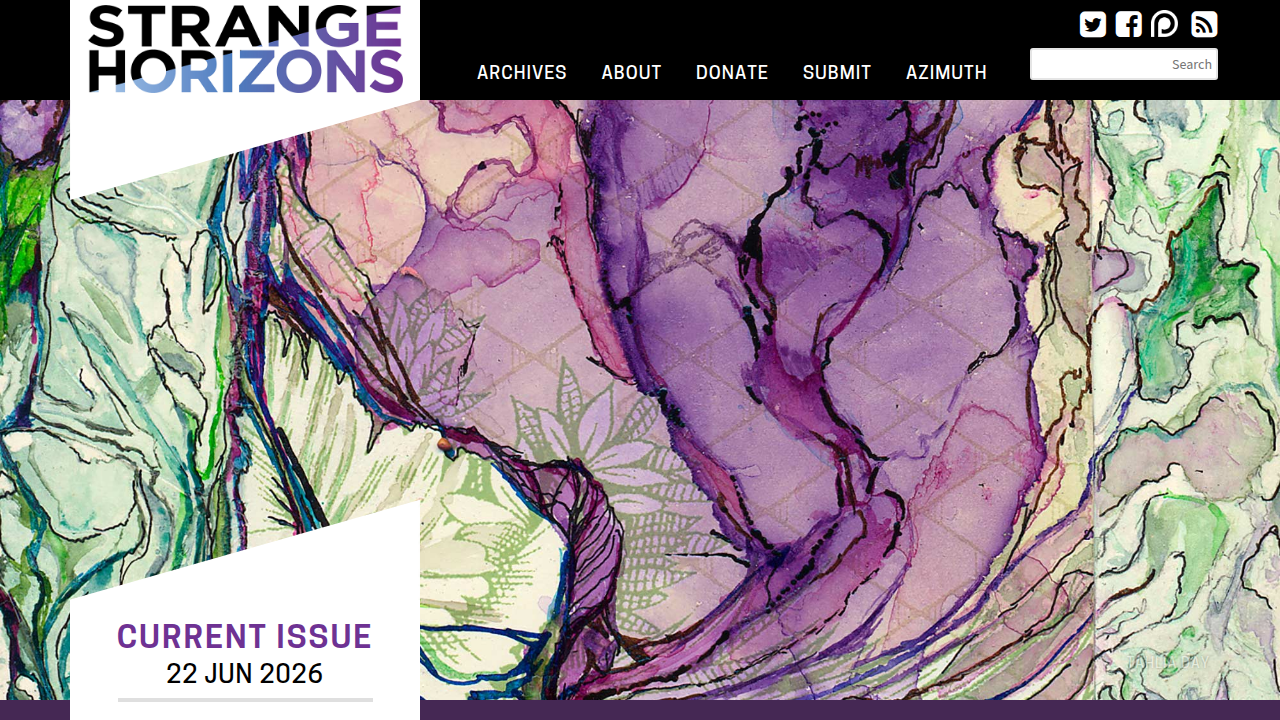The Strange Horizons website, a platform for speculative fiction criticism and reviews, featuring discussions on works like Annihilation.