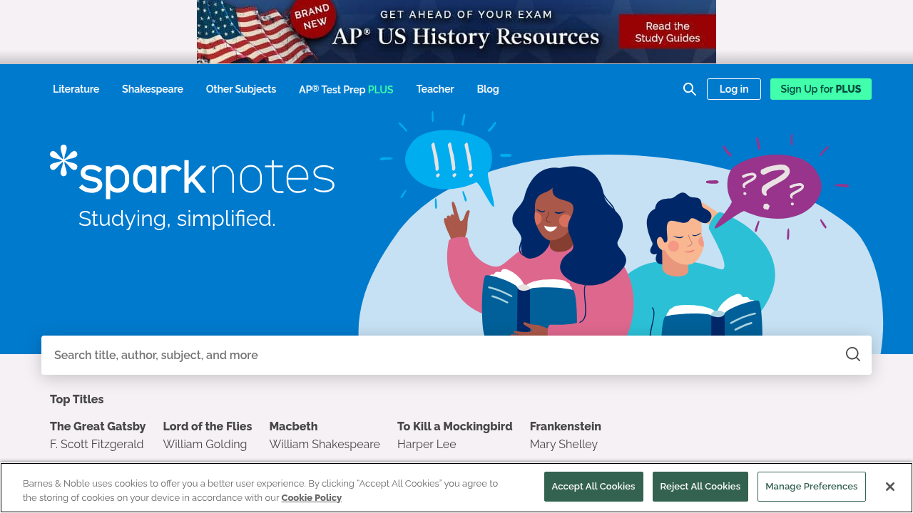 Screenshot of SparkNotes.com homepage, a well-known resource for literary analysis and study guides, reflecting academic perspectives on classic literature.