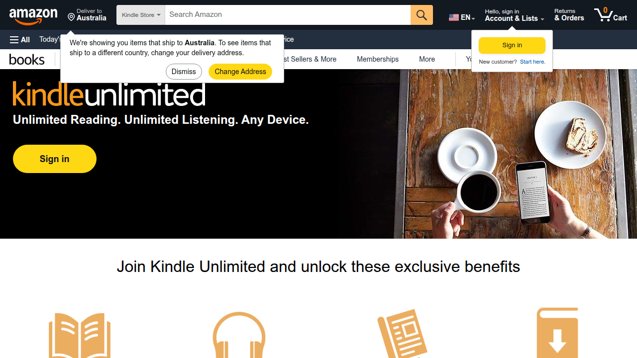Explore the Kindle Unlimited subscription page to discover trial offers and the vast library of available titles, audiobooks, and magazines.