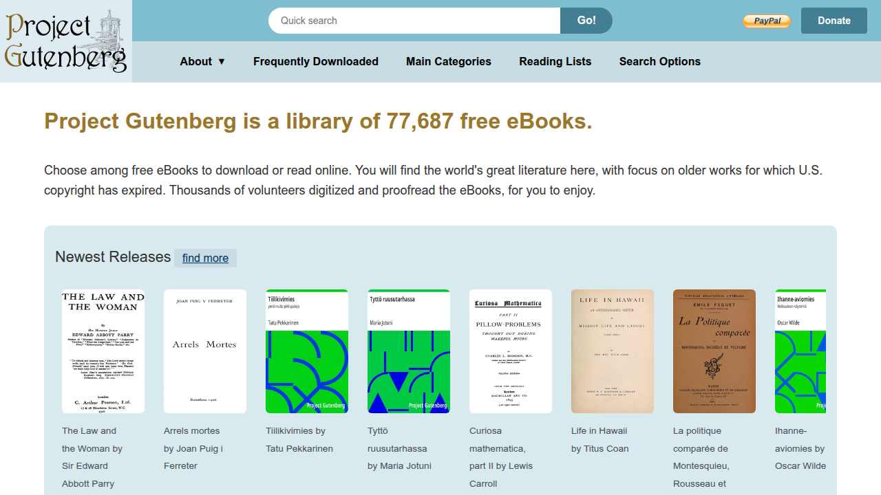 The Project Gutenberg homepage, a primary source for truly free public-domain ebooks, showcasing its classic collection.