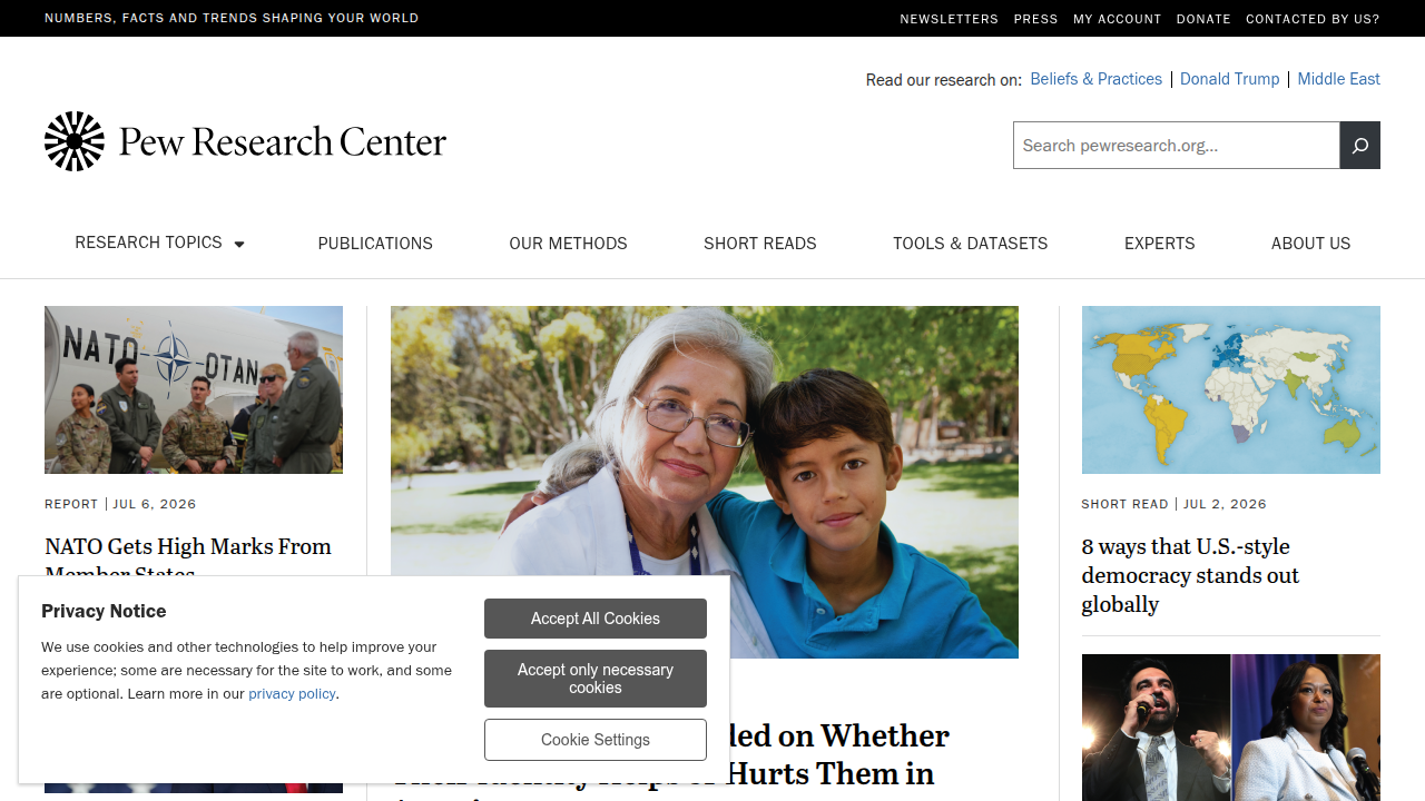 Screenshot of the Pew Research Center homepage, a reliable source for data on reading habits and preferences.