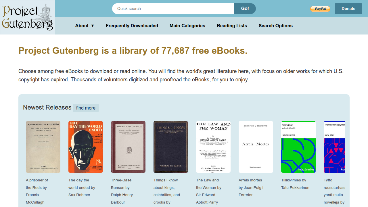 Screenshot of the Project Gutenberg homepage, a valuable resource for free digital books.