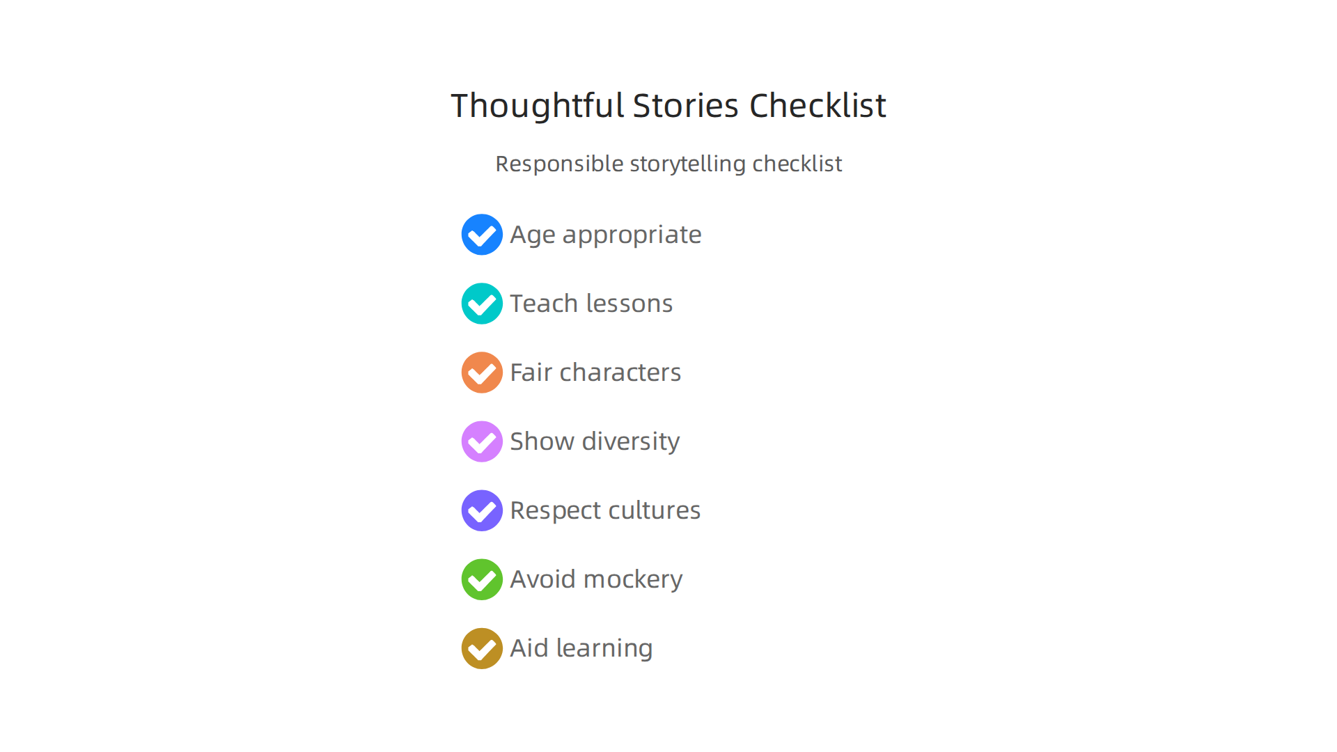 A checklist for creators to ensure children's stories are age-appropriate, teach good lessons, and promote respectful representation.
