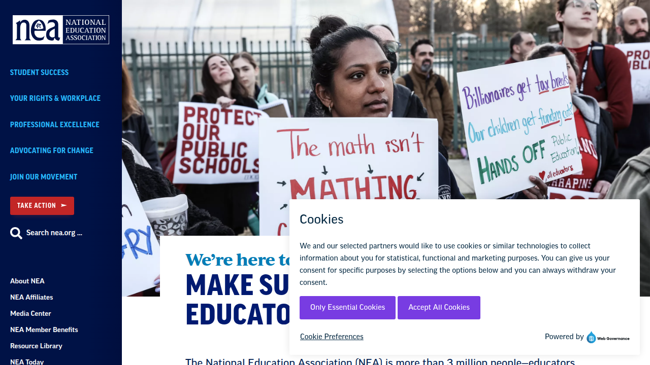 Screenshot of the National Education Association (NEA) website, offering guidance on educational topics.