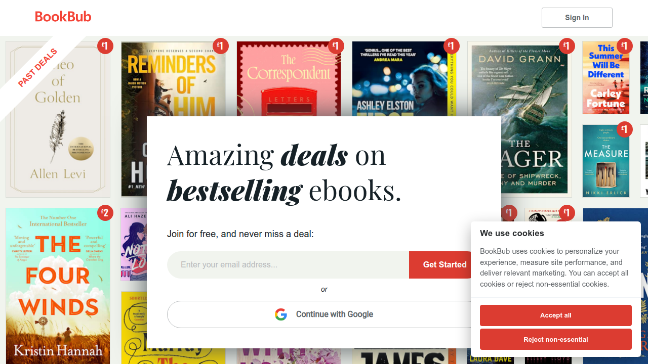 BookBub's website, a popular platform for discovering free and discounted ebooks tailored to your preferences.