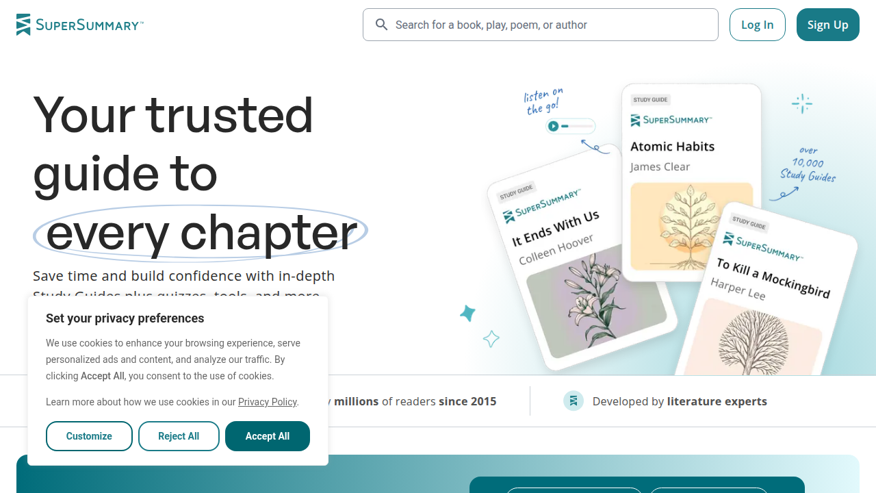 Screenshot of SuperSummary, a popular resource for detailed character analysis and study guides for literary works such as The Color Purple.