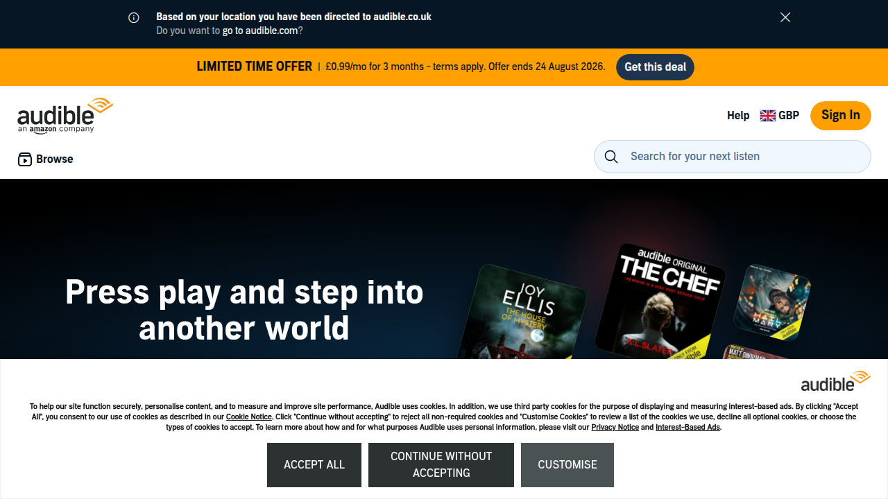 The Audible homepage, showcasing popular audiobooks and membership benefits for subscribers in 2026.