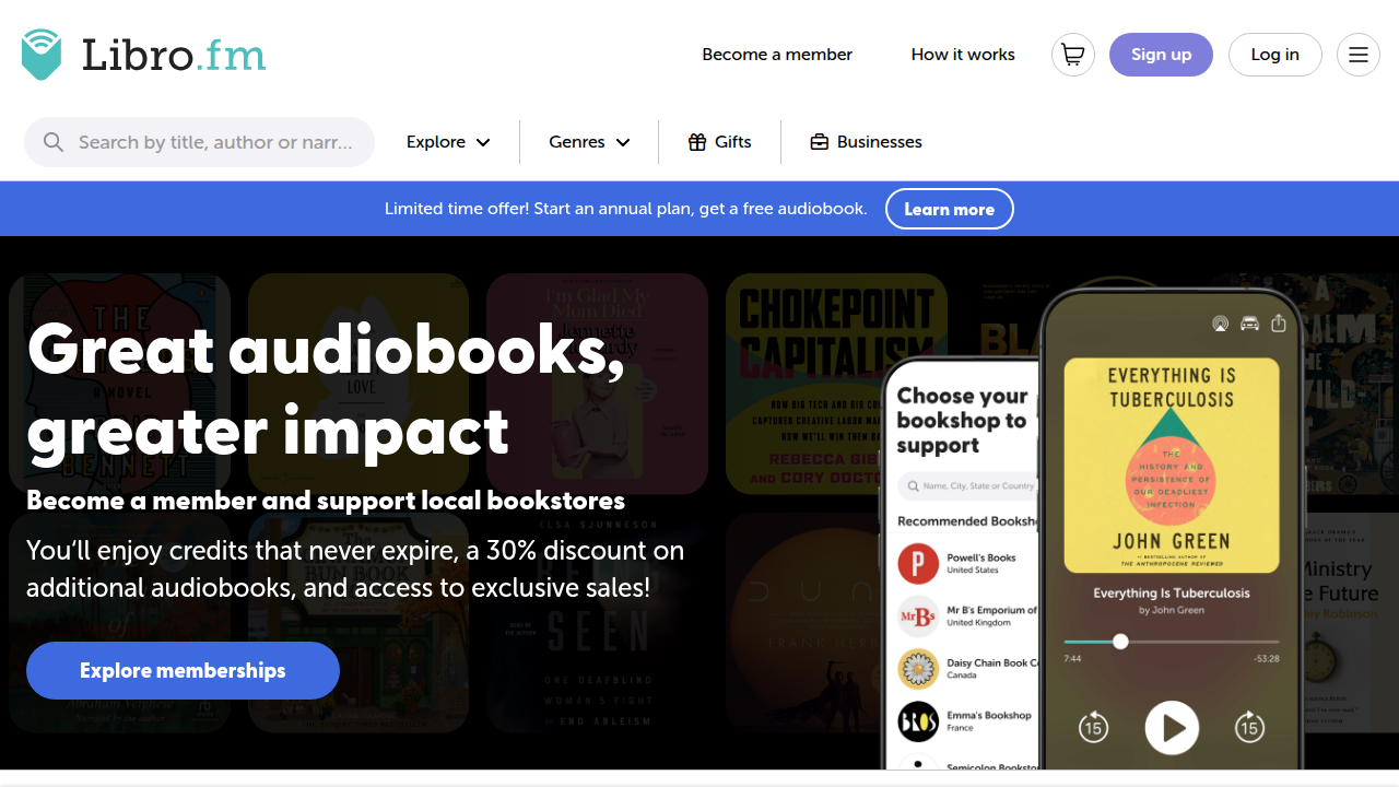 The Libro.fm homepage, showcasing its unique model of supporting local independent bookstores with audiobook purchases.