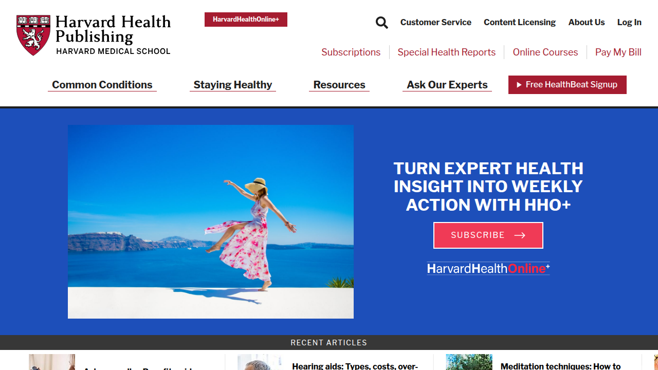 Screenshot of the Harvard Health Publishing homepage, a reputable source for health information, including benefits of expressive writing.