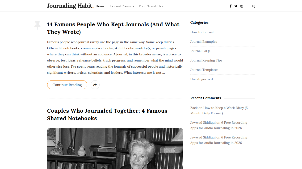 Screenshot of the Journaling Habit website, a resource offering guides on how to structure and maintain a journaling practice.