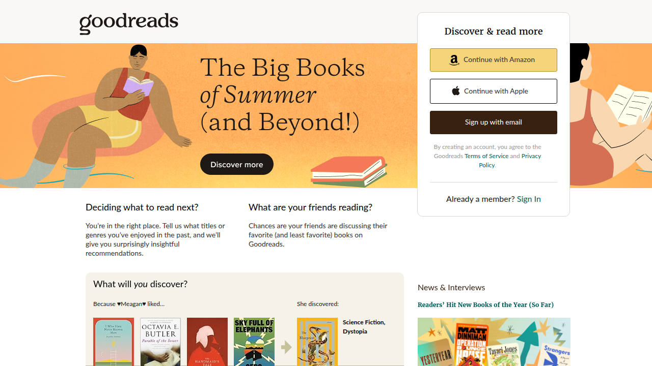 The homepage of Goodreads, a popular platform for readers to discover, track, and review books, including titles by and about women.