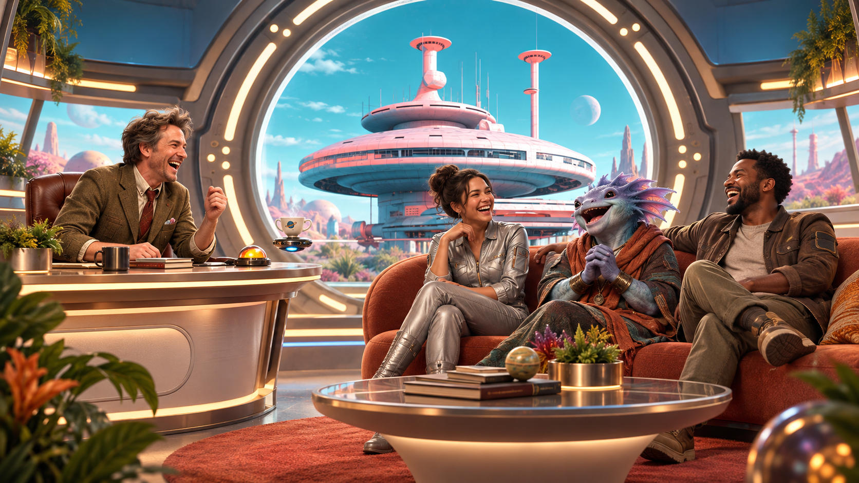 Humans and an alien sharing a conversation in The Ridiculous universe